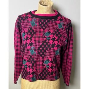 VTG 80s 90s Fizzical Sweatshirt Pink Houndstooth Rose Pattern Glam Rock Punk M/L